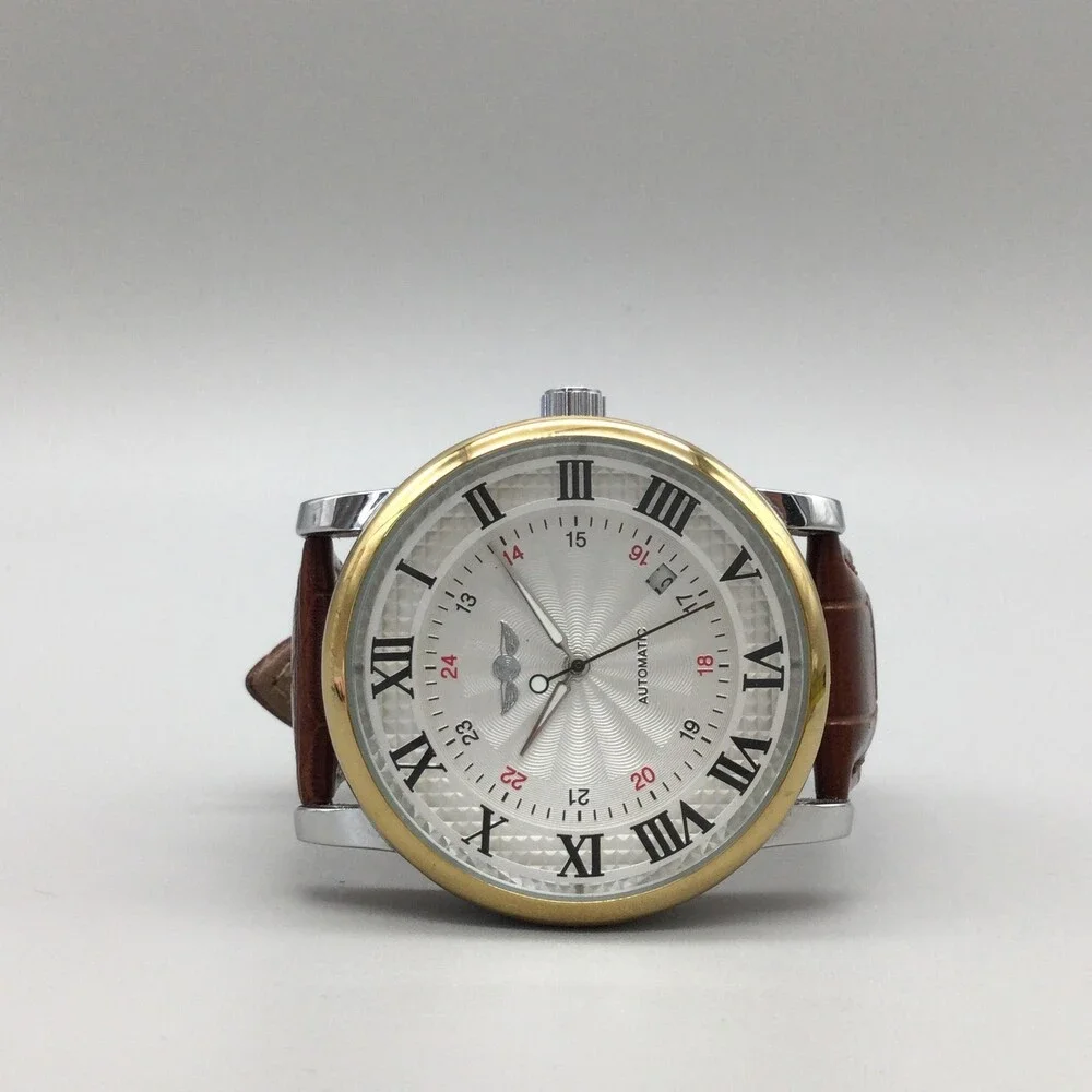 Winner Mens Watch 44mm Silver Tone 24 Hour Automatic Date Brown Leather TM142